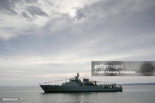 Portuguese Ocean Patrol Vessel NRP Setubal lies at anchor in Tagus River during the signing ceremony for the contract to build six ocean patrol...