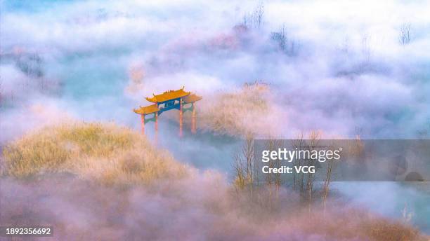 Morning mist drifts over Hongze Lake Wetland Scenic Area in winter on December 28, 2023 in Sihong County, Suqian City, Jiangsu Province of China.