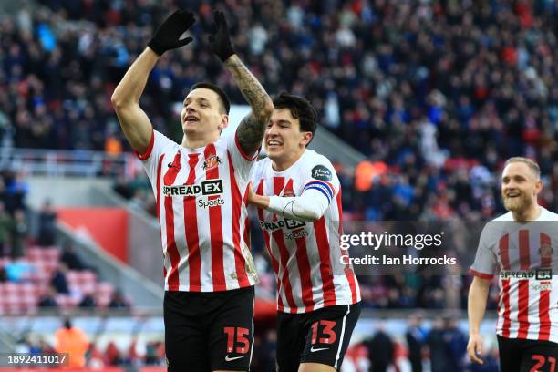 Nazariy Rusyn of Sunderland celebrates with team mates after he scores the second goal during the Sky Bet Championship match between Sunderland and...