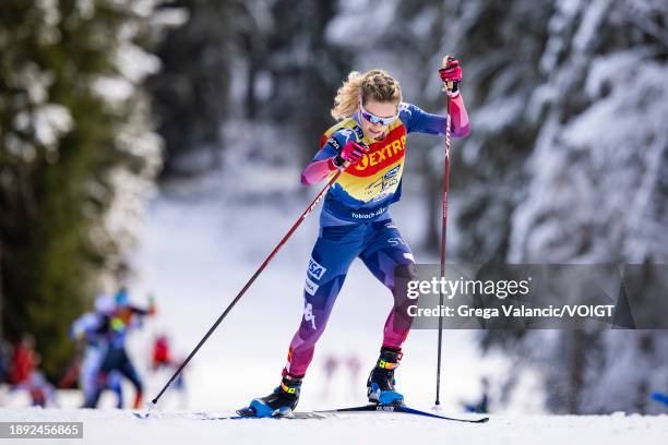 Jessie Diggins of the United States in action competes during the FIS World Cup Cross - Country Tour de Ski Pursuit on January 1, 2024 in Toblach...