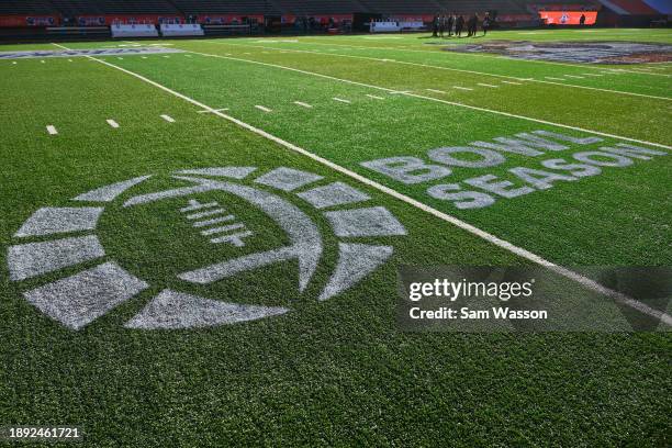 The Bowl Season logo is displayed on the field before the Tony the Tiger Sun Bowl game between the Notre Dame Fighting Irish and the Oregon State...