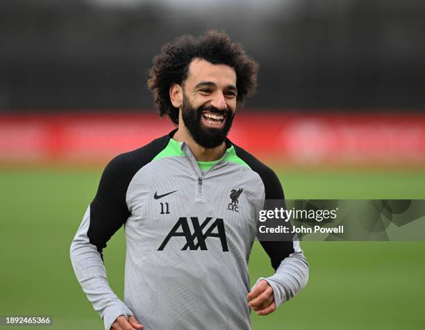 Mohamed Salah of Liverpool during a training session at AXA Training Centre on December 29, 2023 in Kirkby, England.