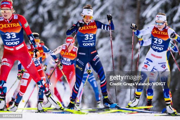 Delphine Claudel of France in action competes during the FIS World Cup Cross - Country Tour de Ski Pursuit on January 1, 2024 in Toblach...