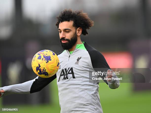 Mohamed Salah of Liverpool during a training session at AXA Training Centre on December 29, 2023 in Kirkby, England.