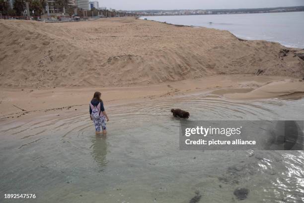 January 2024, Spain, Palma: Ester plays with "Golfon", her dog, on the beach in Arenal on New Year's Day in cloudy weather. Temperatures on the...