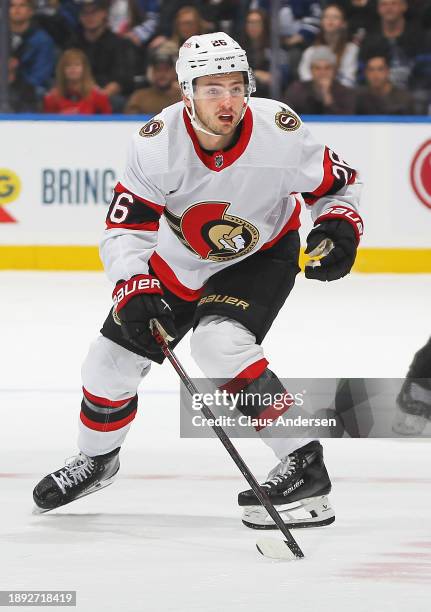 Erik Brannstrom of the Ottawa Senators skates against the Toronto Maple Leafs during the third period in an NHL game at Scotiabank Arena on December...