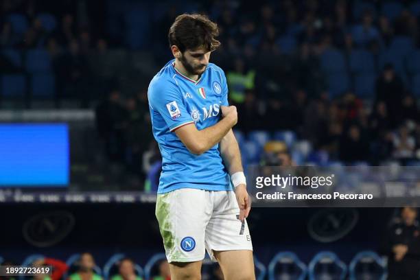 Khvicha Kvaratskhelia of SSC Napoli shows his disappointment during the Serie A TIM match between SSC Napoli and AC Monza at Stadio Diego Armando...
