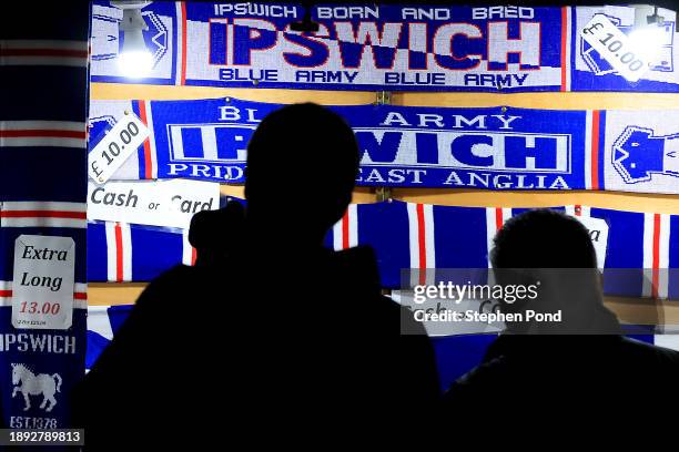 Merchandise is sold outside the stadium prior to the Sky Bet Championship match between Ipswich Town and Queens Park Rangers at Portman Road on...