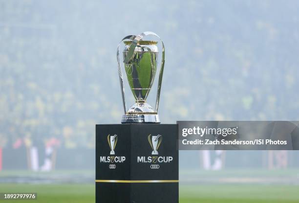 The MLS Cup trophy sits on the field before the Audi 2023 MLS Cup Final game between Los Angeles FC and Columbus Crew at Lower.com Field on December...