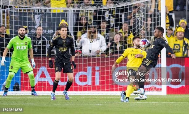 Maxime Crepeau and Ilie Sanchez of Los Angeles FC look on as Diego Palacios handballs inside the box during the Audi 2023 MLS Cup Final game between...