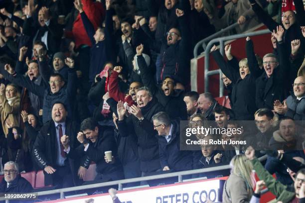 Prime Minister Rishi Sunak, a Southampton fan, gets to his feet and punches the air after Carlos Alcaraz of Southampton scores a goal to make it 1-0...