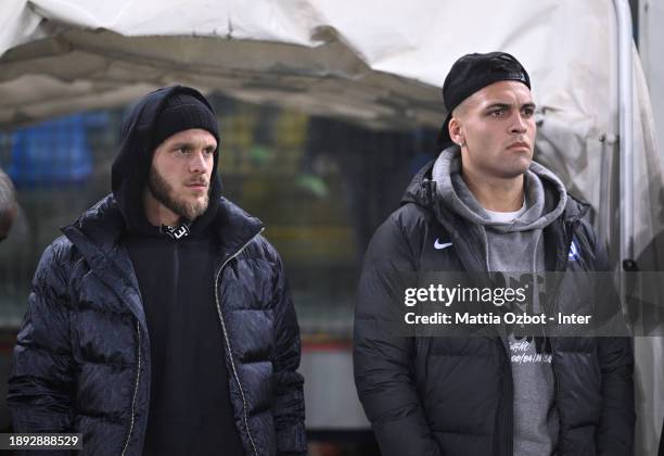 Lautaro Martinez and Federico Dimarco of FC Internazionale attend before the Serie A TIM match between Genoa CFC and FC Internazionale at Stadio...