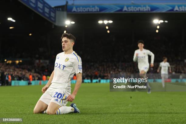 Daniel James is scoring his team's second goal during the Sky Bet Championship match between Leeds United and Birmingham City at Elland Road in...