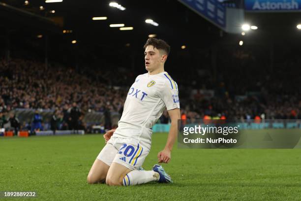 Daniel James is scoring his team's second goal during the Sky Bet Championship match between Leeds United and Birmingham City at Elland Road in...