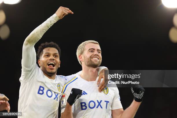 Georginio Rutter of Leeds United is celebrating with Patrick Bamford of Leeds United during the Sky Bet Championship match between Leeds United and...