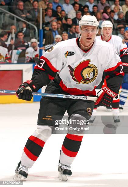 Karel Rachunek of the Ottawa Senators skates against the Toronto Maple Leafs during NHL game action on January 8, 2004 at Air Canada Centre in...