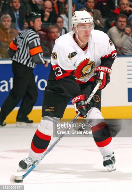 Karel Rachunek of the Ottawa Senators skates against the Toronto Maple Leafs during NHL game action on January 8, 2004 at Air Canada Centre in...