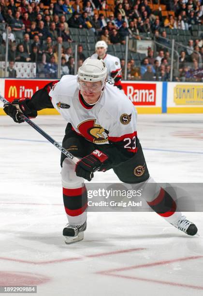 Karel Rachunek of the Ottawa Senators skates against the Toronto Maple Leafs during NHL game action on January 8, 2004 at Air Canada Centre in...