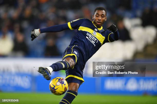 Isaiah Jones of Middlesbrough has a shot during the Sky Bet Championship match between Huddersfield Town and Middlesbrough at John Smith's Stadium on...