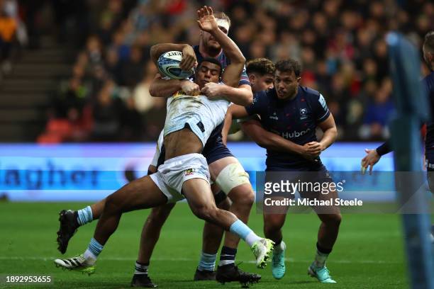 Immanuel Feyi-Waboso of Exeter Chiefs is tackled by Joe Batley of Bristol Bears during the Gallagher Premiership Rugby match between Bristol Bears...