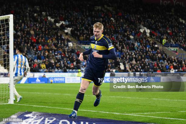 Josh Coburn of Middlesbrough celebrates his goal to make it 0-1 during the Sky Bet Championship match between Huddersfield Town and Middlesbrough at...