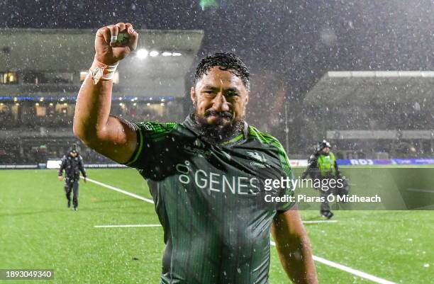 Galway , Ireland - 1 January 2024; Bundee Aki of Connacht celebrates after the United Rugby Championship match between Connacht and Munster at The...