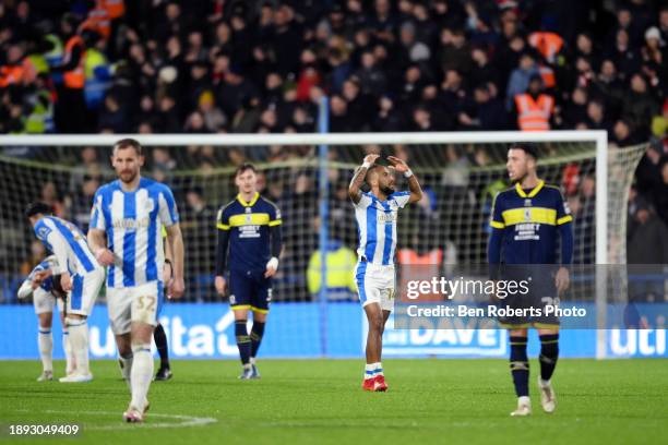 Sorba Thomas of Huddersfield Town celebrates his goal to make it 1-1 during the Sky Bet Championship match between Huddersfield Town and...