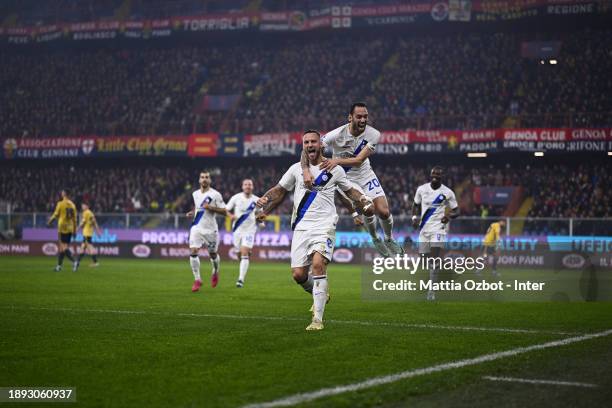 Marko Arnautovic of FC Internazionale celebrates with team-mates after scoring the goal during the Serie A TIM match between Genoa CFC and FC...