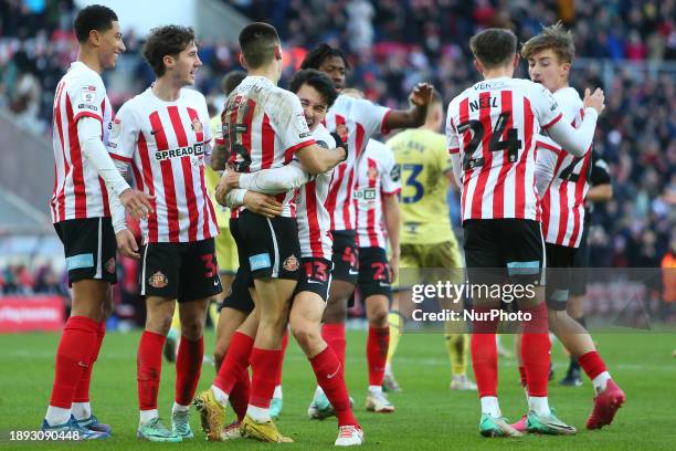 Sunderland players are celebrating Nazariy Rusyn's goal during the Sky Bet Championship match between Sunderland and Preston North End at the Stadium...