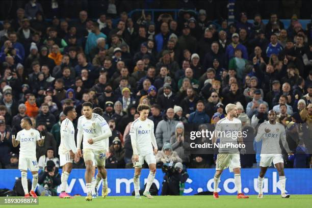 Crysencio Summerville of Leeds United is scoring his team's third goal during the Sky Bet Championship match between Leeds United and Birmingham City...