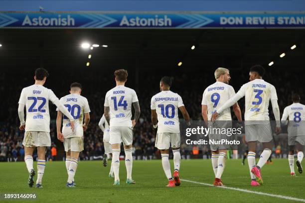 Daniel James is scoring his team's second goal during the Sky Bet Championship match between Leeds United and Birmingham City at Elland Road in...