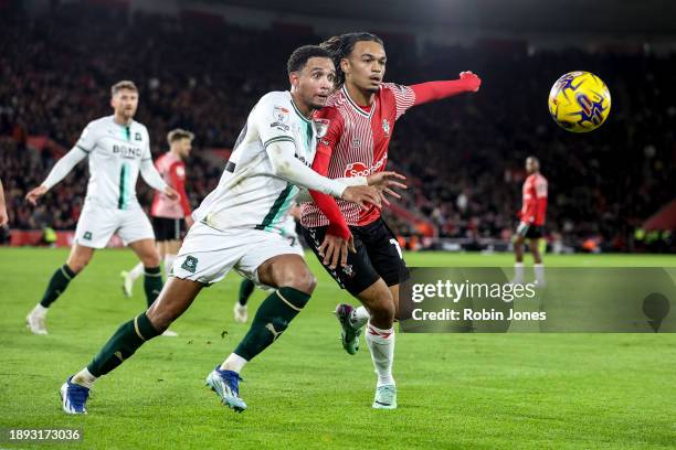 Bali Mumba of Plymouth Argyle and Sekour Mara of Southampton during the Sky Bet Championship match between Southampton FC and Plymouth Argyle at...