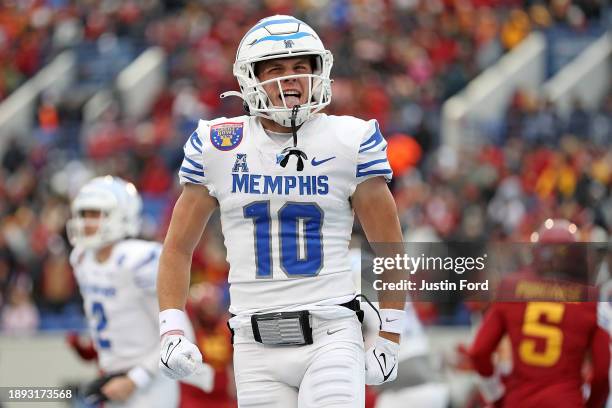 Koby Drake of the Memphis Tigers reacts against the Iowa State Cyclones during the first half of the 2023 AutoZone Liberty Bowl at Simmons Bank...