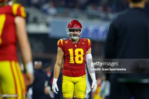 Trojans tight end Jude Wolfe warms up during the Directv Holiday Bowl football game between the Louisville Cardinals and the USC Trojans on December...
