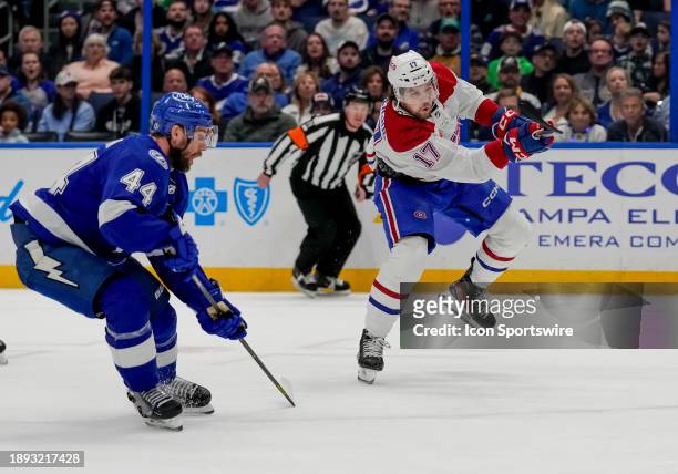 Montreal Canadiens right wing Josh Anderson shoots the puck during the NHL Hockey match between the Tampa Bay Lightning and Montreal Canadiens on...