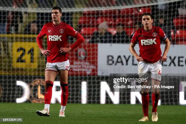 Charlton Athletic's Lloyd Jones and George Dobson react after conceding a second goal during the Sky Bet League One match at The Valley, London....