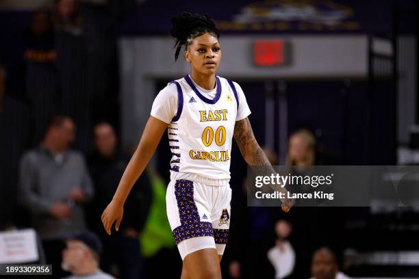 Taliyah Wyche of the East Carolina Lady Pirates looks on during their game against the South Carolina Gamecocks in Williams Arena at Minges Coliseum...