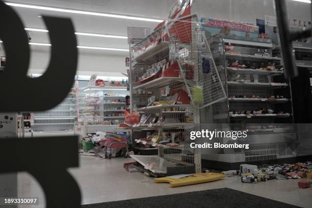 Convenience store items lay on the ground following an earthquake in Nanao, Ishikawa Prefecture, Japan, on Tuesday, Jan. 2, 2024. A powerful...