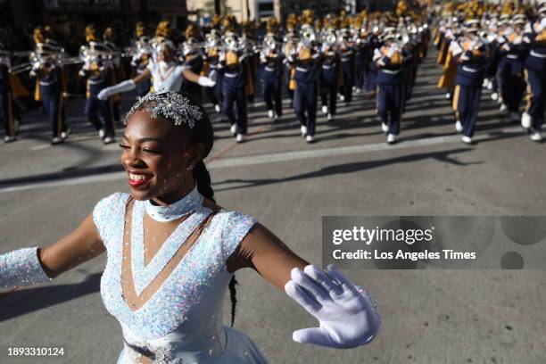 Pasadena, CA North Carolina A&T University dancers perform for the crowd during the Rose Parade on Monday, Jan. 1, 2024 in Pasadena, CA.