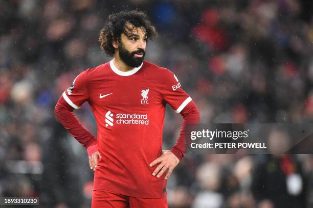 Liverpool's Egyptian striker Mohamed Salah looks on during the English Premier League football match between Liverpool and Newcastle United at...