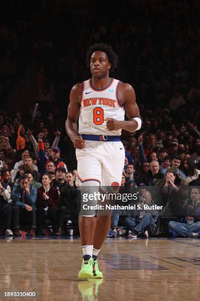 Anunoby of the New York Knicks looks on during the game against the Minnesota Timberwolves on January 1, 2024 at Madison Square Garden in New York...