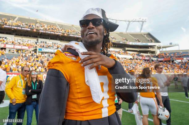 Tennessee Volunteers quarterback Joe Milton III smiles after the game between the Tennessee Volunteers and the Iowa Hawkeyes on January 1, 2024 at...