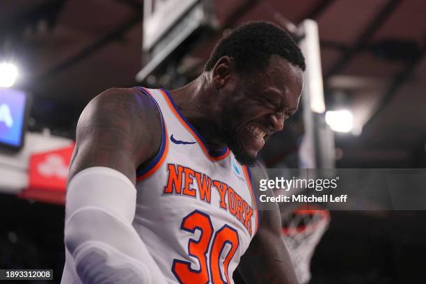 Julius Randle of the New York Knicks reacts against the Minnesota Timberwolves in the second half at Madison Square Garden on January 1, 2024 in New...