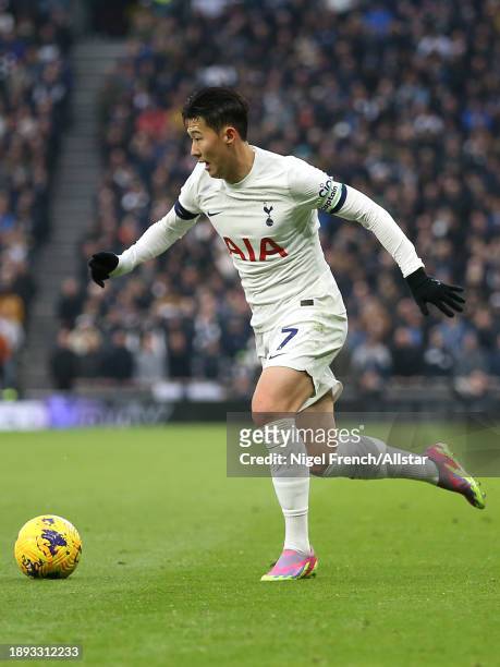 Heung-Min Son of Tottenham Hotspur on the ball during the Premier League match between Tottenham Hotspur and Aston Villa at Tottenham Hotspur Stadium...