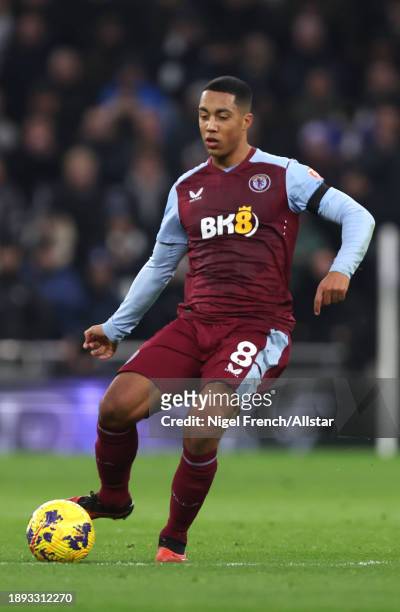 Youri Tielemans of Aston Villa on the ball during the Premier League match between Tottenham Hotspur and Aston Villa at Tottenham Hotspur Stadium on...