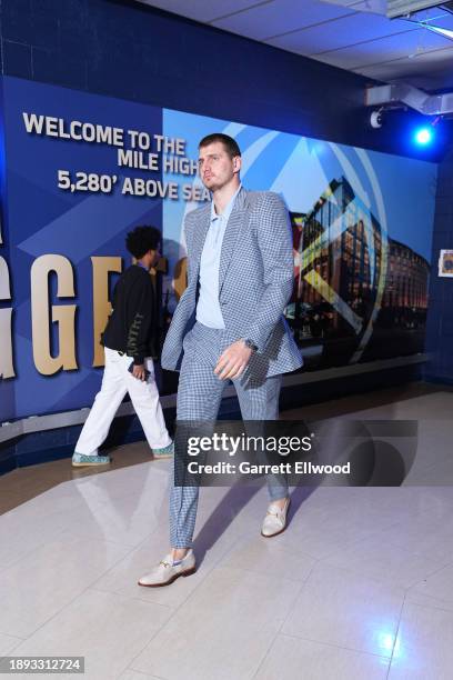 Nikola Jokic of the Denver Nuggets arrives to the arena before the game against the Charlotte Hornets on January 1, 2024 at the Ball Arena in Denver,...