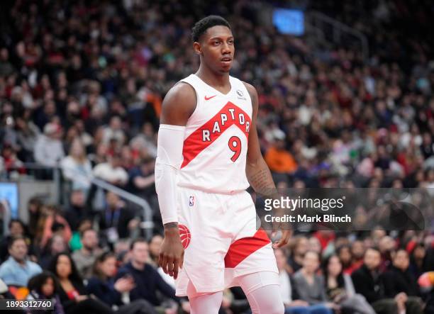 Barrett of the Toronto Raptors looks on against the Cleveland Cavaliers during the first half of their basketball game at the Scotiabank Arena on...