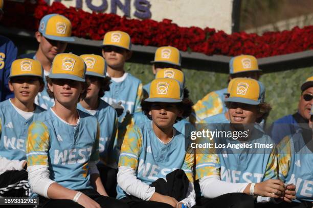 Pasadena, CA Little League World Series Champs look at the crowd during the Rose Parade on Monday, Jan. 1, 2024 in Pasadena, CA.