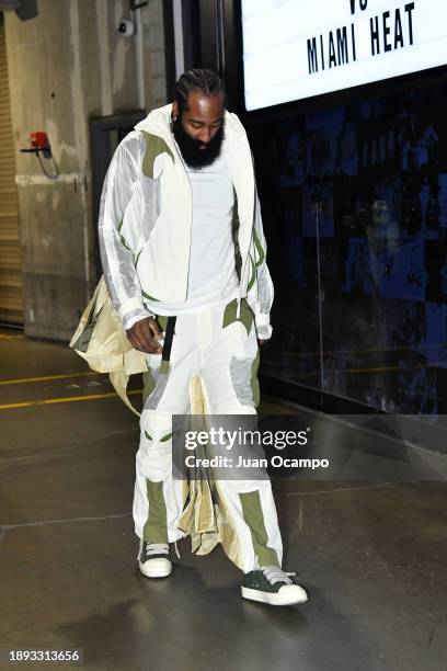 James Harden of the LA Clippers arrives to the arena before the game against the Miami Heat on January 1, 2024 at Crypto.Com Arena in Los Angeles,...