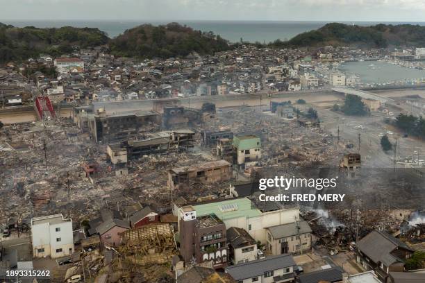 This aerial photo shows smoke rising from an area following a large fire in Wajima, Ishikawa prefecture on January 2 a day after a major 7.5...